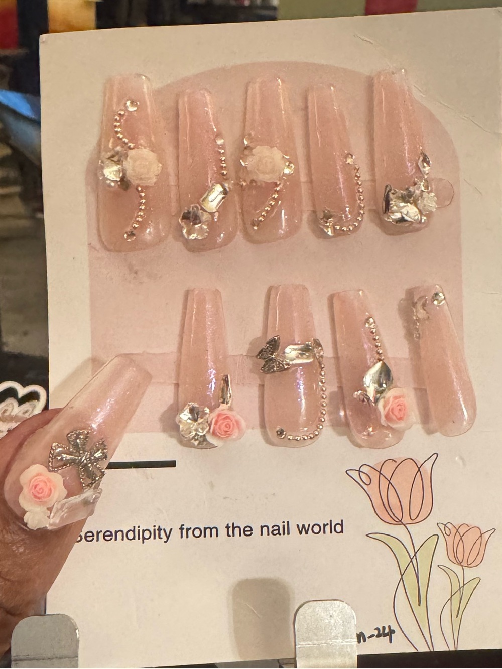 Press-On Nails Set - Blush Pink Floral Rhinestone Accented (Medium)